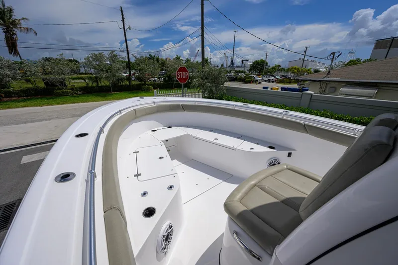 Slide: The Image of 2023 Sportsman Open 302 Center Console boat with spacious seating and sleek design. - 10
