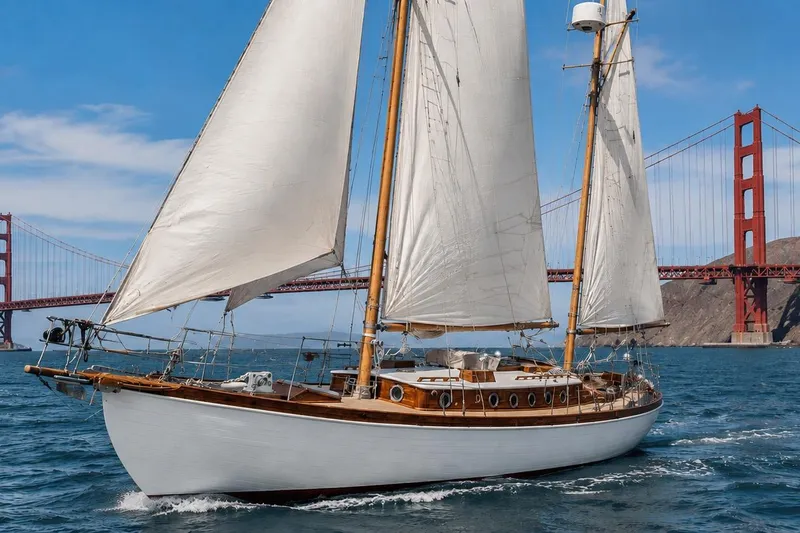 The Image of Vintage 1936 Freeman 37 sailboat cruising near iconic red suspension bridge. - 0