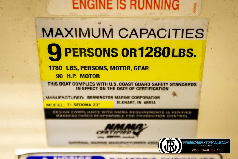 Slide: The Image of Boat capacity label for Sedona 20 CR, 2008 model, 9 persons or 1280 lbs. - 46