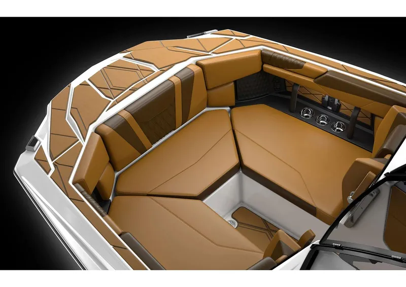 Slide: The Image of Manufacturer Provided Image: 2026 Malibu M230 boat interior with luxurious tan seating and modern design. - 2