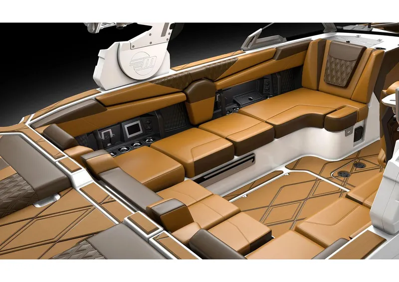 Slide: The Image of Manufacturer Provided Image: Luxurious interior of 2026 Malibu M230 boat with brown leather seating. - 5