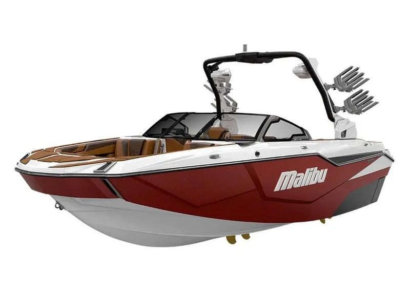 Slide: The Image of Manufacturer Provided Image: 2026 Malibu M230 boat, red and white design, sleek and modern with advanced features. - 7