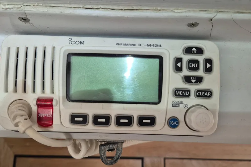 Slide: The Image of VHF marine radio IC-M424 on 1990 Little Harbor Express boat dashboard. - 29