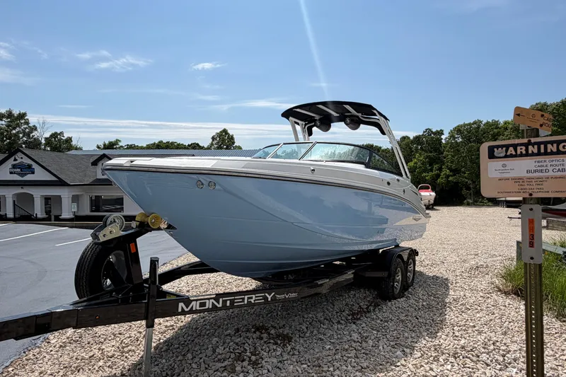 Slide: The Image of 2025 Monterey M6 boat on trailer, parked outdoors under clear sky. - 3