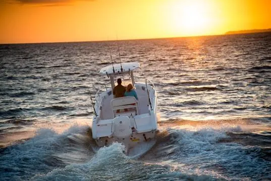 Slide: The Image of Manufacturer Provided Image: 2018 Everglades 230 Center Console boat cruising at sunset. - 26