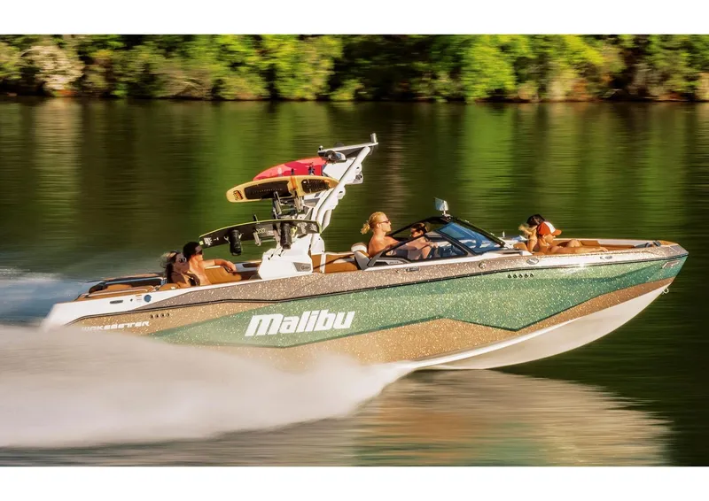 Slide: The Image of Manufacturer Provided Image: 2026 Malibu Wakesetter 25 LSV speeding on a lake, showcasing sleek design and performance. - 2