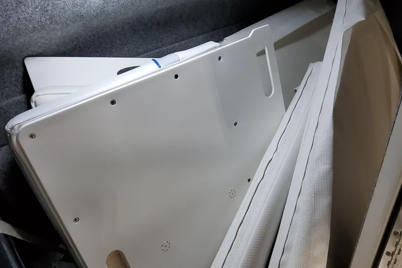 Slide: The Image of Interior view of 2027 Formula 330 Crossover Bowrider OB, showcasing sleek white paneling. - 43