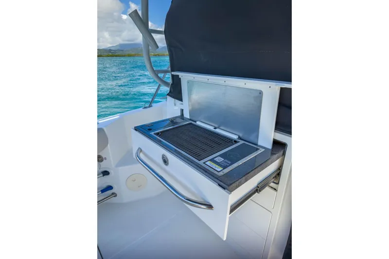 Slide: The Image of 2024 Boston Whaler 325 Conquest onboard grill with ocean view. - 7