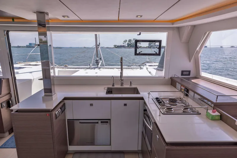 Slide: The Image of Modern kitchen interior on 2022 Leopard 42 yacht with ocean view. - 39