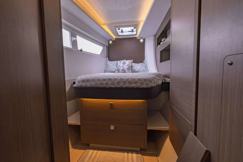 Slide: The Image of Luxurious cabin interior of 2022 Leopard 42 yacht with modern design and ambient lighting. - 42