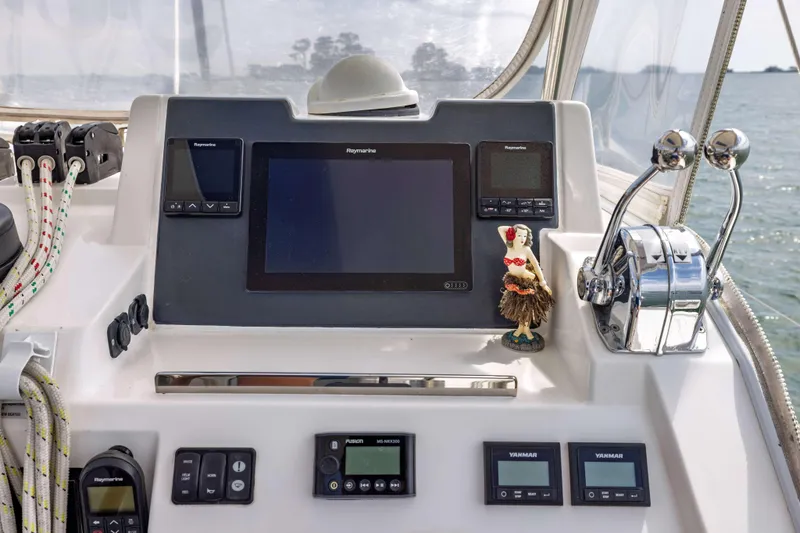 Slide: The Image of Control panel of a 2022 Leopard 42 yacht with navigation equipment and decorative figurine. - 17