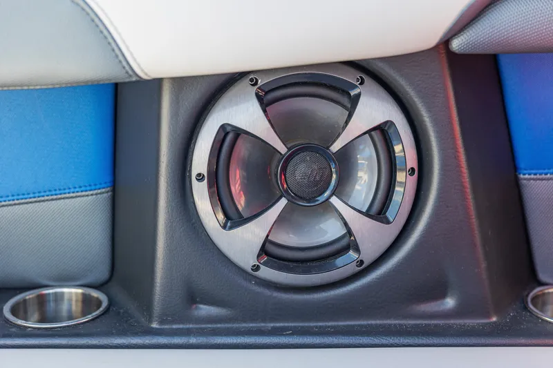 Slide: The Image of Close-up of a speaker in a 2017 Malibu M235 boat interior. - 36