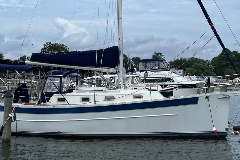 The Image of 1999 Hake Yachts Seaward Eagle 32 sailboat docked at marina, featuring blue accents. - 0