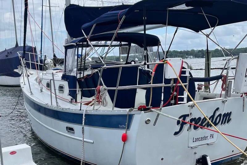 Slide: The Image of 1999 Hake Yachts Seaward Eagle 32 sailboat docked, named "Freedom," Lancaster, PA. - 1