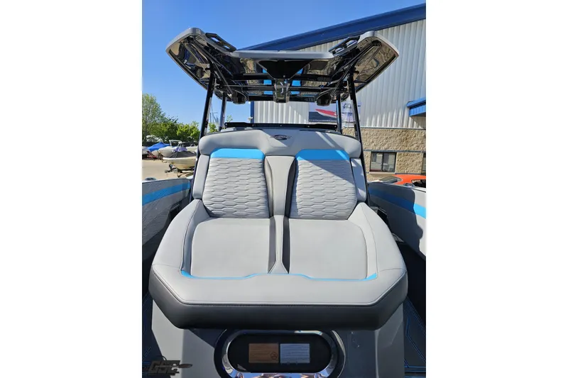 Slide: The Image of 2025 Sunsation 32 CCX boat interior with modern seating and sleek design. - 104