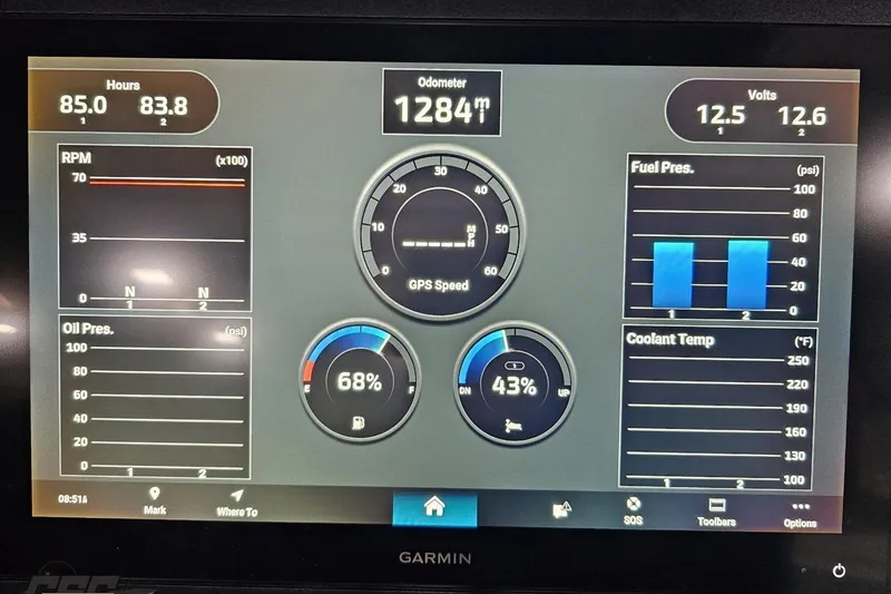 Slide: The Image of Garmin display showing 2025 Sunsation 32 CCX engine metrics, including RPM, fuel, and coolant temperature. - 113