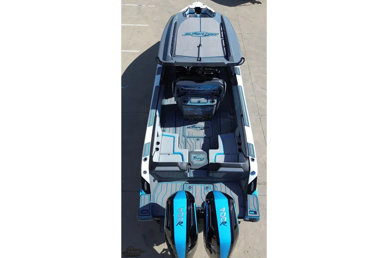 Slide: The Image of 2025 Sunsation 32 CCX boat, top view, featuring sleek design and powerful dual engines. - 45