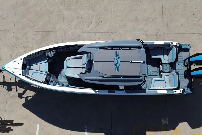 Slide: The Image of 2025 Sunsation 32 CCX boat, aerial view, sleek design, spacious seating, modern features. - 50