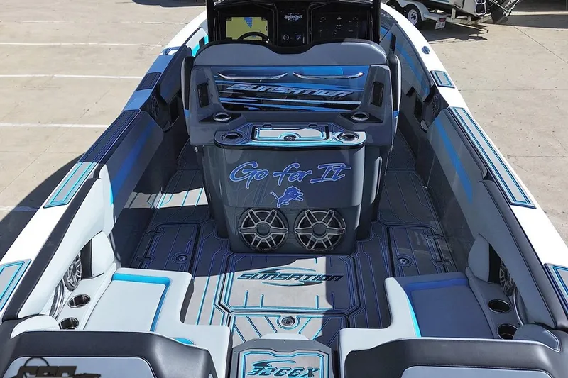 Slide: The Image of 2025 Sunsation 32 CCX boat interior with stylish seating and modern design. - 56