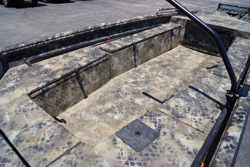 Slide: The Image of 2021 Excel 1751 F4 boat interior with camouflage pattern and storage compartments. - 4