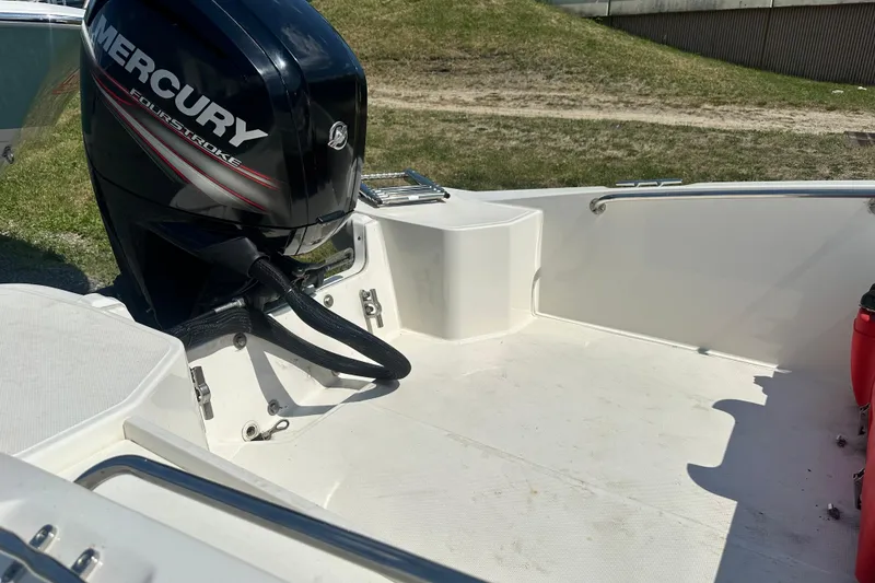 Slide: The Image of 2019 Boston Whaler 160 Super Sport with Mercury FourStroke engine, docked on grassy shore. - 4