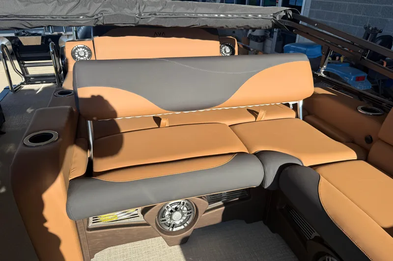 Slide: The Image of Luxurious seating on 2026 Avalon 2385 LSZ VRL pontoon boat with cup holders and speakers. - 8