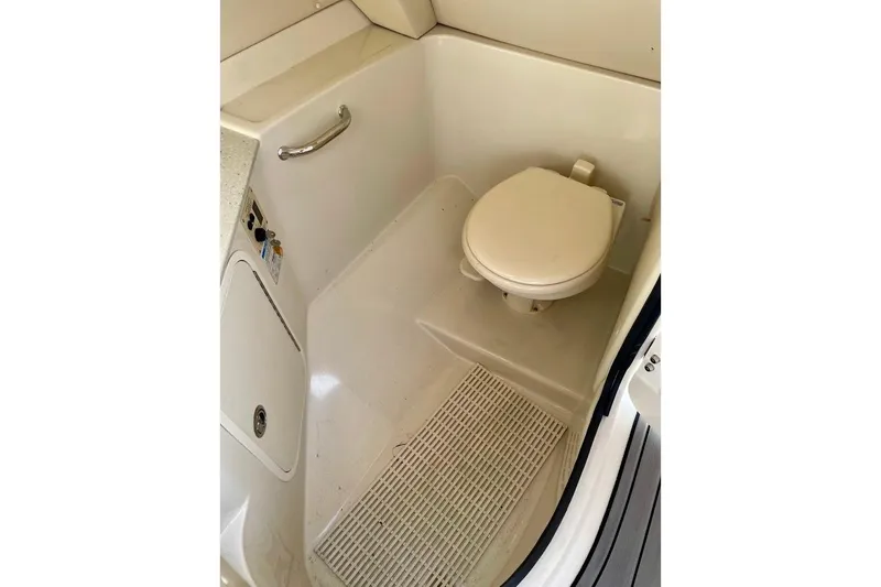 Slide: The Image of Interior view of 2010 Sea Ray 300 Sundeck boat bathroom with toilet and mat. - 19