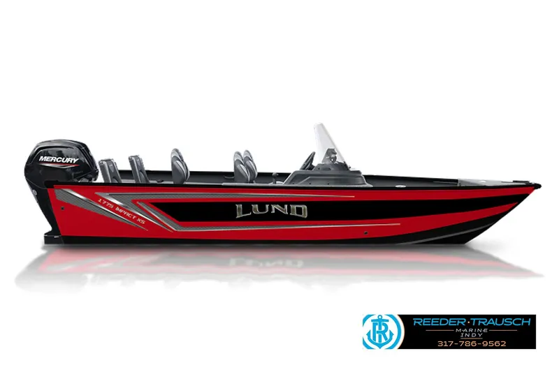 The Image of 2026 Lund 1775 Impact XS SS boat, red and black design, with Mercury engine. - 1