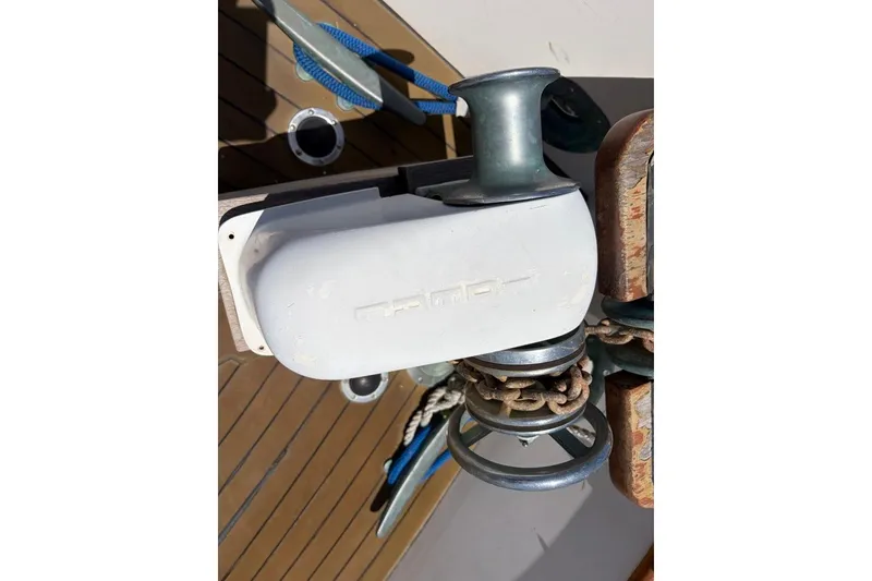 Slide: The Image of 1976 Grand Banks 32 Sedan deck with winch and chain detail. - 5