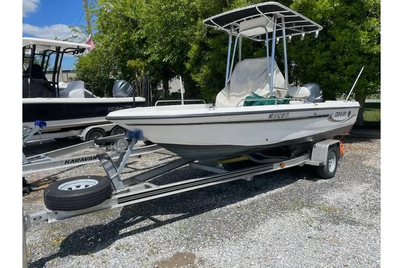 The Image of 2004 Century 1901 Bay Boat on trailer, parked outdoors under clear sky. - 1