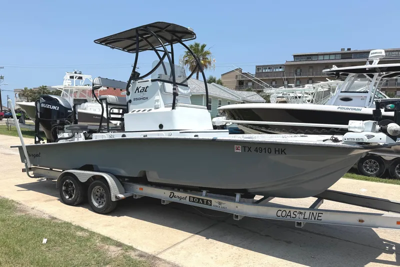 Slide: The Image of 2020 Dargel Kat 250 HDX boat on trailer, featuring Suzuki outboard motor. - 3