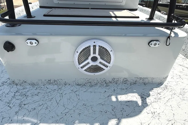 Slide: The Image of 2020 Dargel Kat 250 HDX boat deck with speaker and railing details. - 7