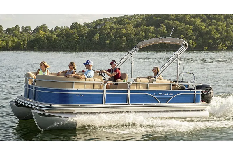 Slide: The Image of Manufacturer Provided Image: 2022 Lowe SF 212 pontoon boat cruising on a lake with passengers. - 30