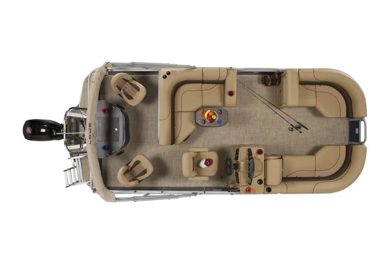 Slide: The Image of Manufacturer Provided Image: 2022 Lowe SF 212 pontoon boat, top view, beige seating, fishing rods, and outboard motor. - 31