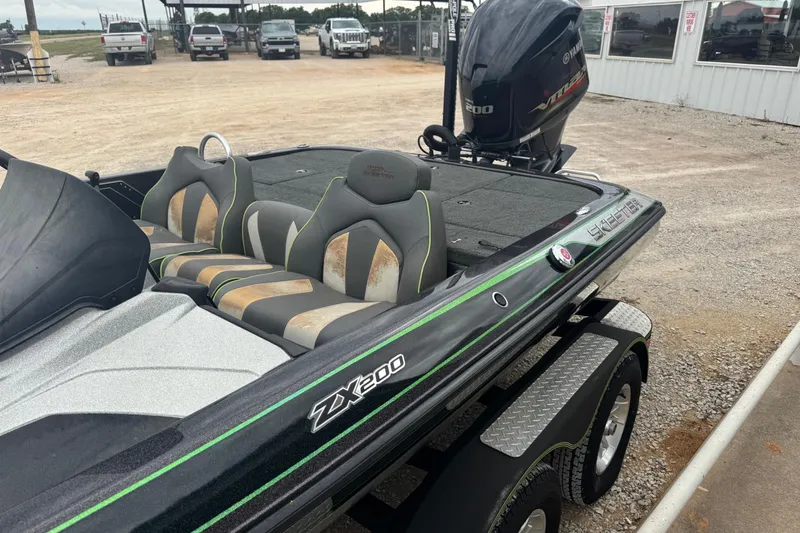 Slide: The Image of 2018 Skeeter ZX200 boat with Yamaha motor, parked on a trailer in a gravel lot. - 8