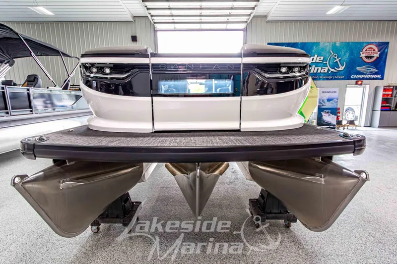 Slide: The Image of 2026 Godfrey Sanpan 2700 MTF pontoon boat displayed at Lakeside Marina showroom. - 6
