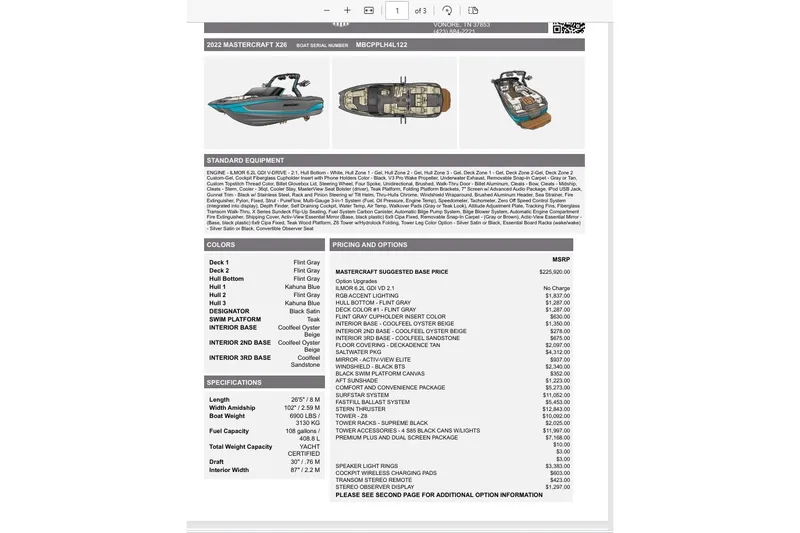 Slide: The Image of 2022 MasterCraft X26 boat specifications and pricing details, featuring standard equipment and color options. - 15