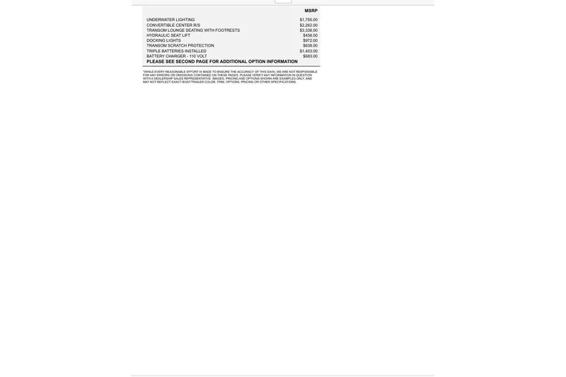 Slide: The Image of 2022 MasterCraft X26 options list with MSRP prices, including underwater lighting and docking lights. - 16