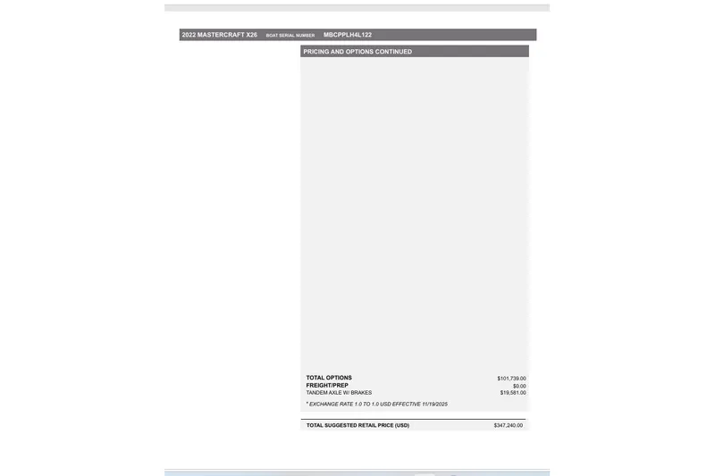 Slide: The Image of 2022 MasterCraft X26 pricing sheet with total retail price of $347,240 USD. - 17