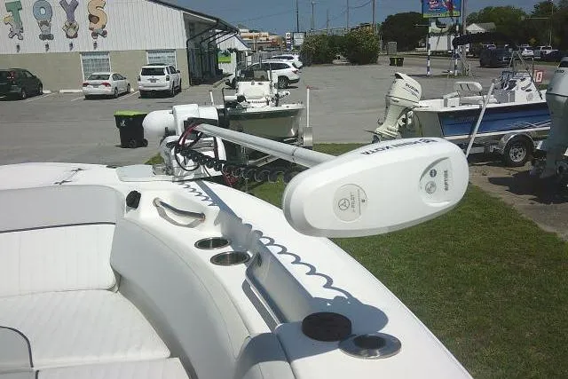 Slide: The Image of 2019 Sea Fox 248 Commander boat with trolling motor in a marina setting. - 18