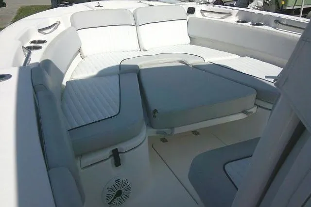 Slide: The Image of 2019 Sea Fox 248 Commander boat interior with cushioned seating and modern design. - 19
