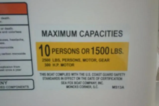 Slide: The Image of 2019 Sea Fox 248 Commander capacity label: 10 persons or 1500 lbs, 2500 lbs total, 300 HP motor. - 45