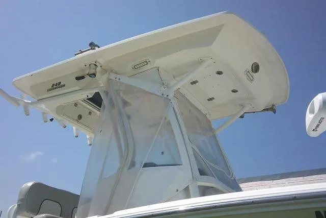 Slide: The Image of 2019 Sea Fox 248 Commander boat, viewed from below against a clear blue sky. - 5