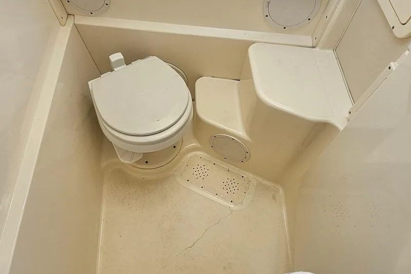 Slide: The Image of 2008 World Cat 320 EC boat bathroom interior with toilet and step. - 29