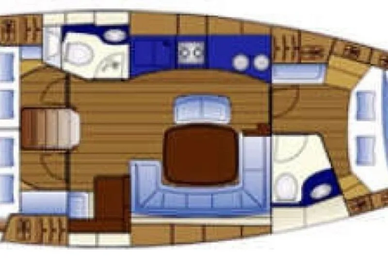 Slide: The Image of Floor plan of a 2003 Bavaria 44 yacht, featuring cabins, bathrooms, and a central living area. - 36