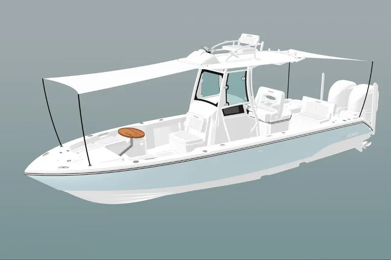 The Image of 2026 Pathfinder 2800 Hybrid boat with canopy and modern design features. - 1