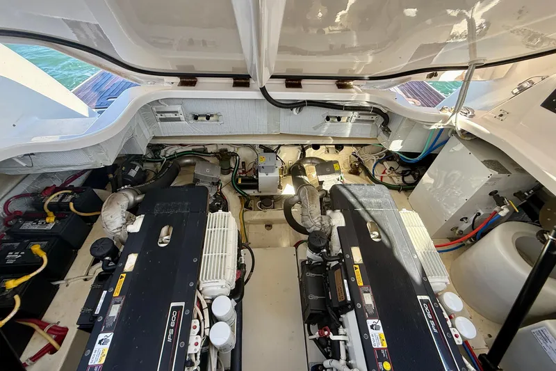 Slide: The Image of Engine room of 2012 Tiara Yachts 4500 Sovran, showcasing dual IPS 600 engines. - 80