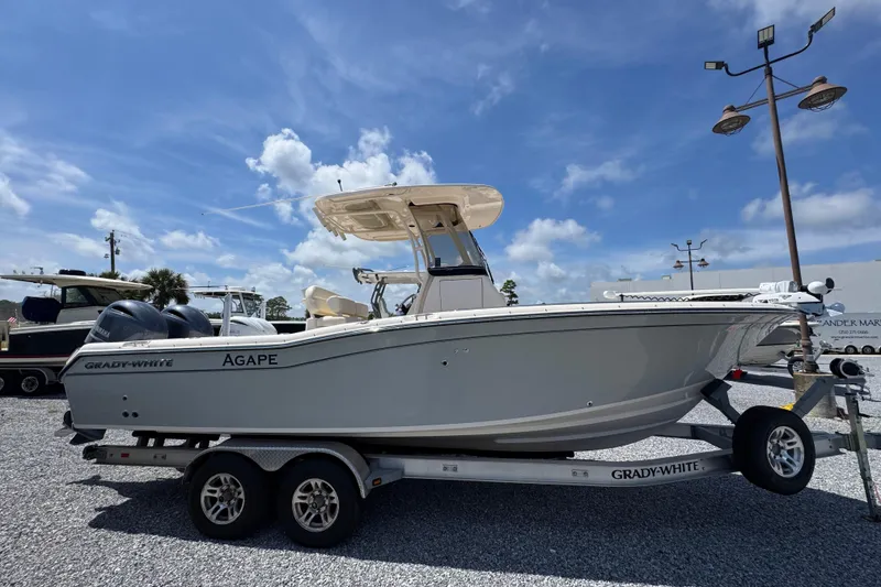 The Image of 2022 Grady-White Fisherman 257 boat on trailer under clear blue sky. - 1