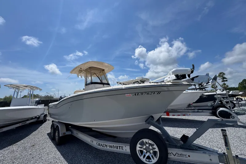 Slide: The Image of 2022 Grady-White Fisherman 257 boat on trailer under clear blue sky. - 3