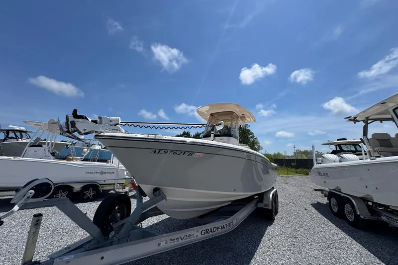 Slide: The Image of 2022 Grady-White Fisherman 257 boat on trailer under clear blue sky. - 6